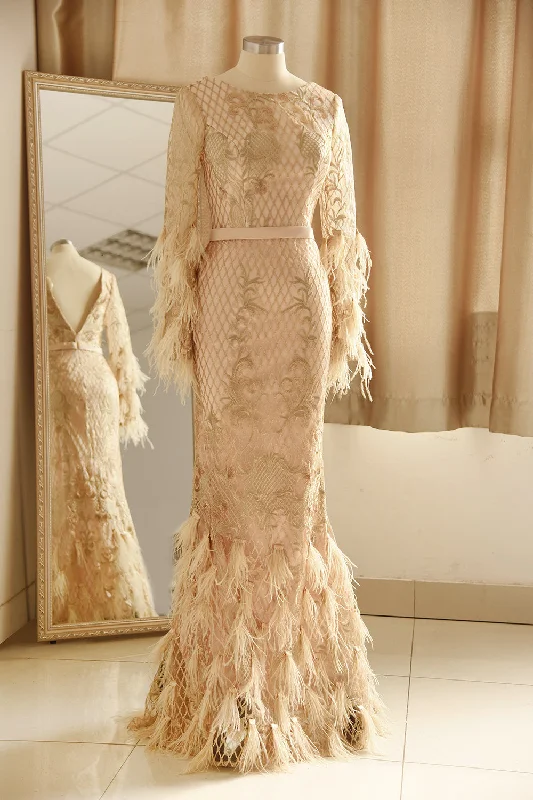 Glamorous Jewel Lace Appliques Prom Dress | Long Sleeves Mermaid Formal Dress with Fur Glamorous Jewel Lace Appliques Prom Dress | Long Sleeves Mermaid Formal Dress with Fur