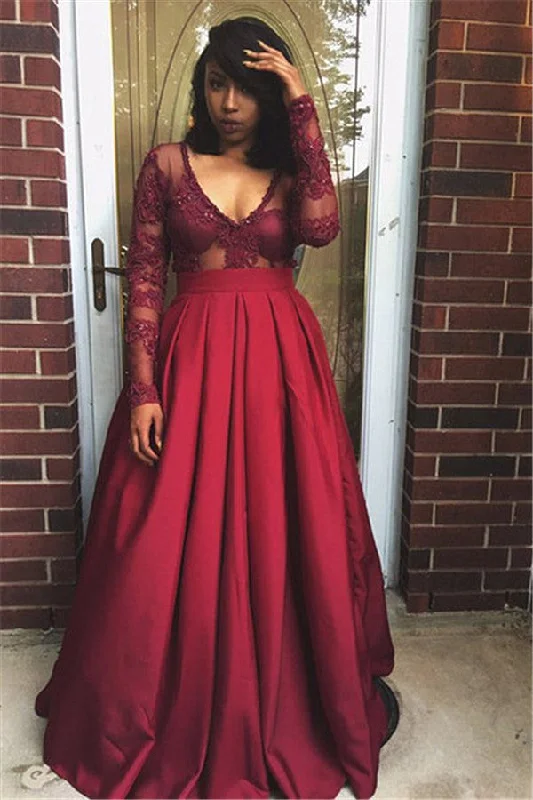 Long Sleeve Deep V-neck Sexy Evening Dresses Burgundy Prom Gowns  BA4007