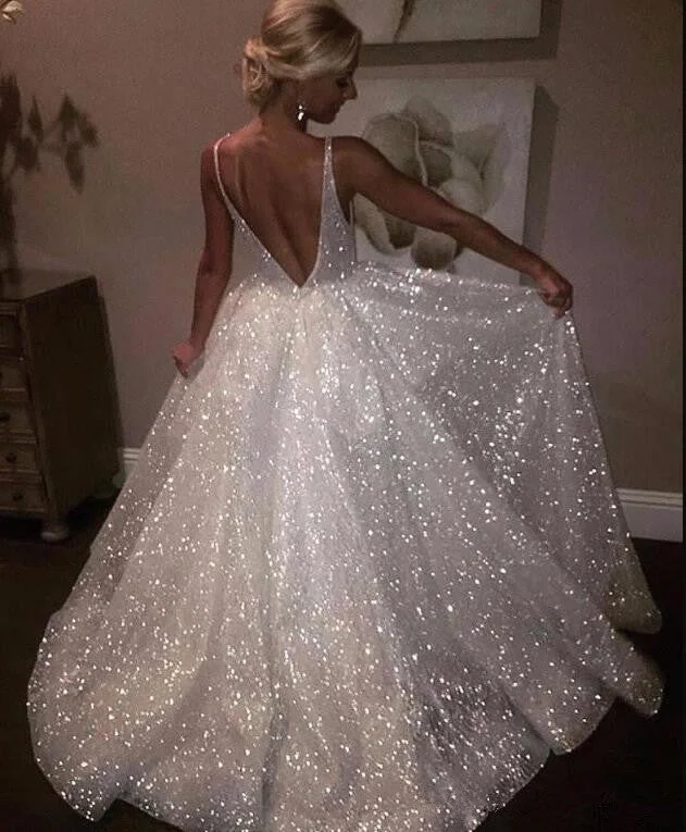 Bling Open Back Sleeveless Prom Dresses  | A-Line Shiny Evening Gowns