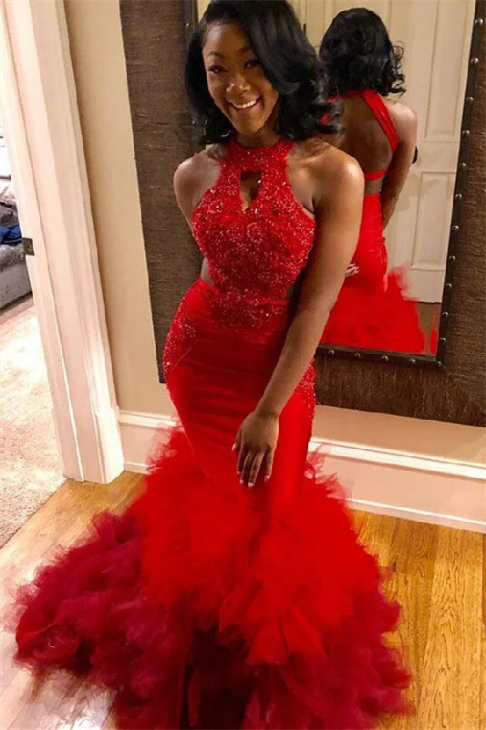 Delicate Beads Appliques Halter Prom Dresses | Backless Mermaid Tulle Ruffles Evening Gowns Delicate Beads Appliques Halter Prom Dresses | Backless Mermaid Tulle Ruffles Evening Gowns