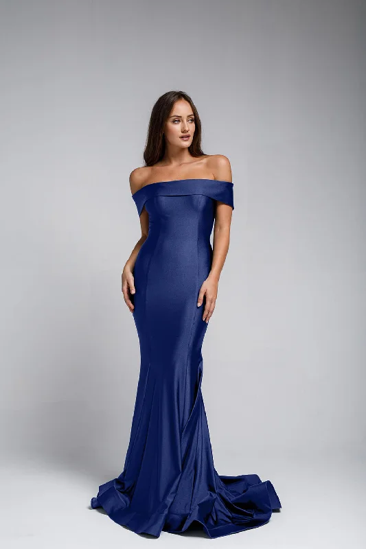 Off-the-Shoulders Satin Fitted Navy Evening Dress AC373