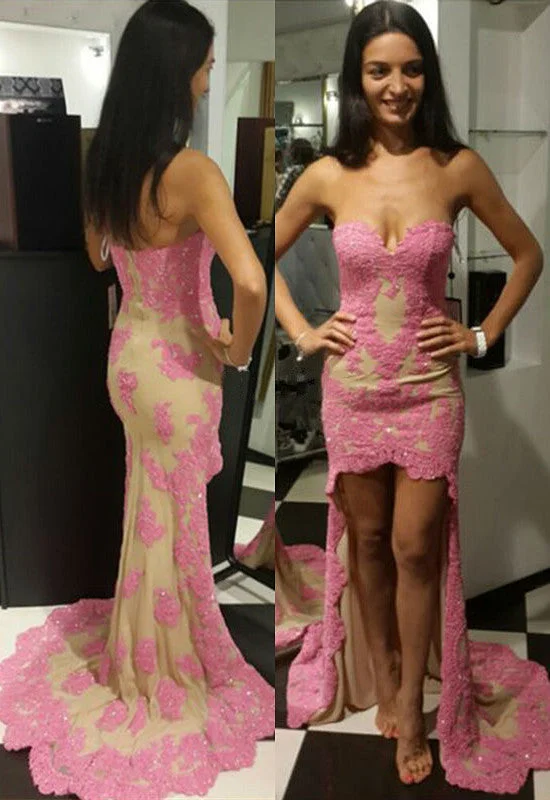 Sweetheart Sheath High Front Low Back Evening Dresses  Sexy pink Lace Formal Dress