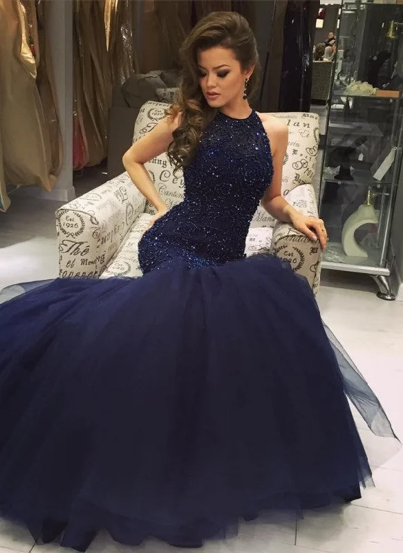 Halter Navy Blue Mermaid Tulle Evening Dress Beading Prom Dresses  BA0564