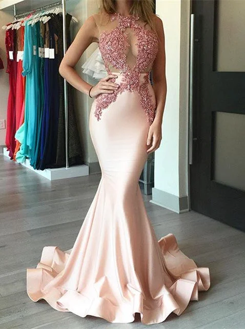 Gorgeous Pink Prom Dresses  Mermaid Appliques Sleeveless Evening Dress BA4068