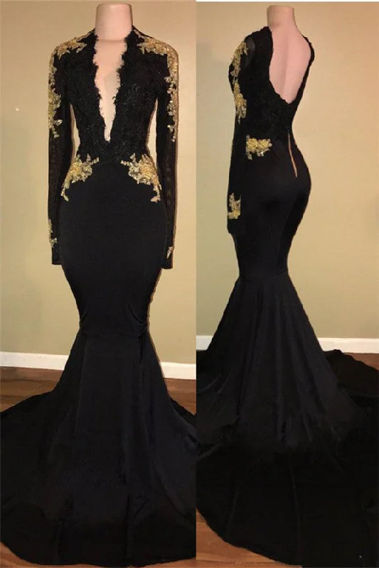 Gold Lace Long Sleeve Prom Dress  | Sexy Black Open Back Mermaid Evening Dress BA7942