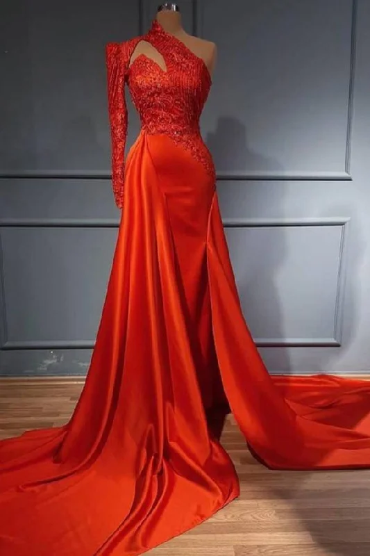 Red One Shoulder Long Sleeves Mermaid Prom Dress Split Lace Evening Gowns