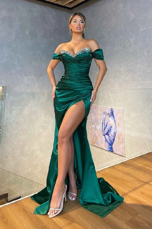 Dark Green Sexy Off-the-shoulder Sleeveless Satin Floor-Length Prom Dresses with Ruffles Dark Green Sexy Off-the-shoulder Sleeveless Satin Floor-Length Prom Dresses with Ruffles