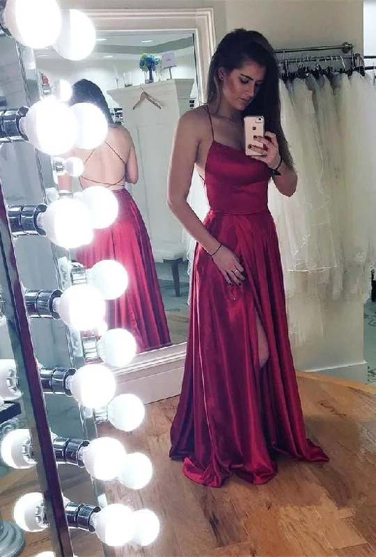 Simple A-Line Backless Prom Dresses  | Spaghetti Straps Side Slit Evening Gowns
