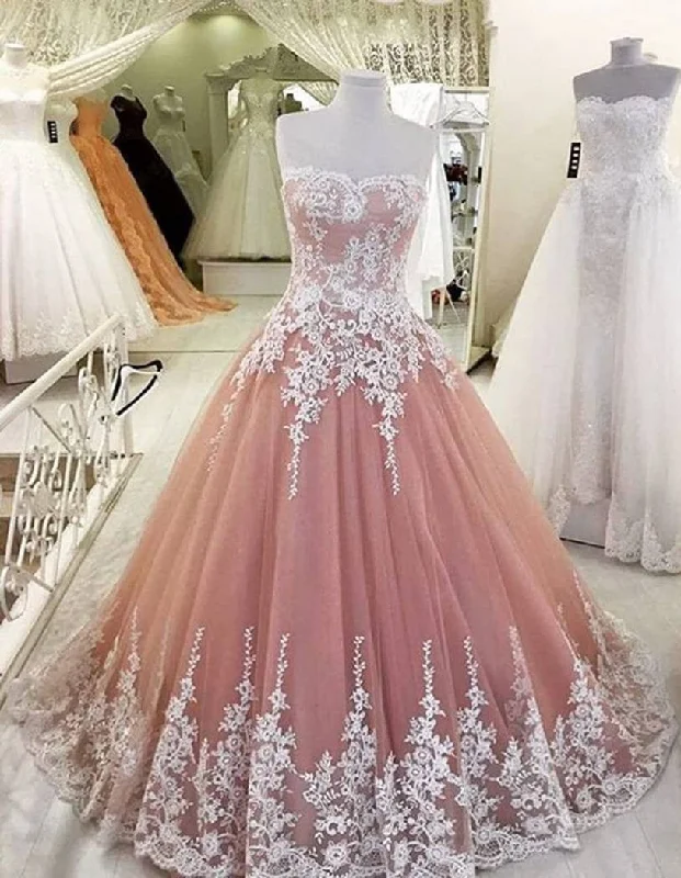 Strapless Pearl Pink Lace appliques  Evening Dresses Ball Gown Tulle Prom Gowns