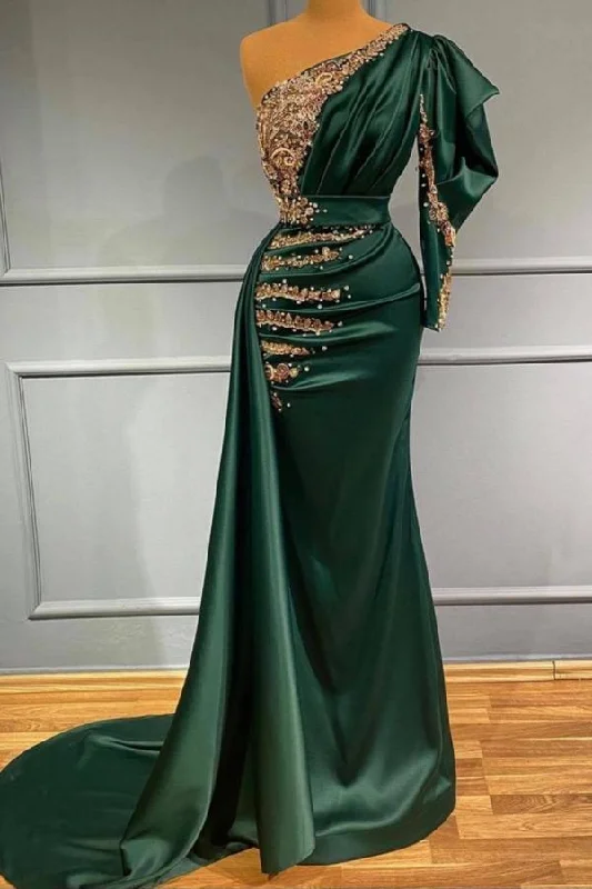 Charming One Puffy Sleeves Mermaid Evening Prom Dress with Shiny Golf Pearls Crystals Embellishment Charming One Puffy Sleeves Mermaid Evening Prom Dress with Shiny Golf Pearls Crystals Embellishment