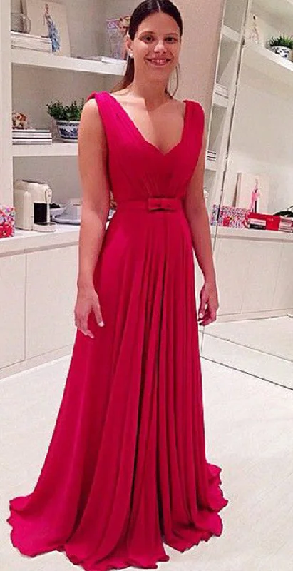 Long Chiffon Red Evening Dresses  Bowknot Sleeveless V-neck Prom Dresses