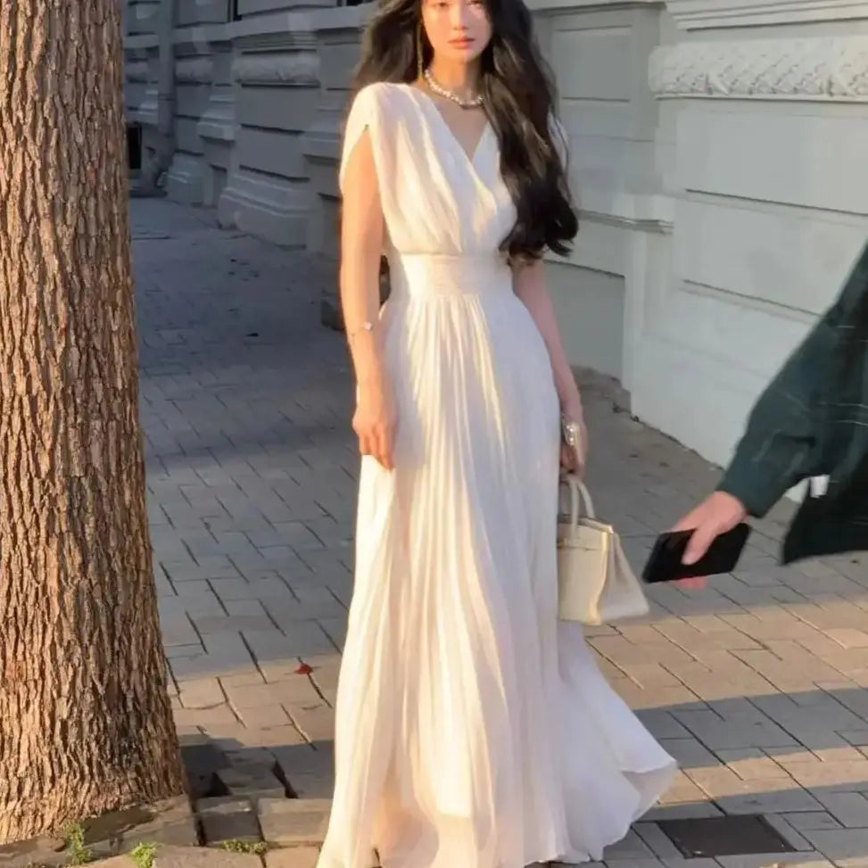 LIZAKOSHT  -  Dress High Quality V-Neck High Waist Sleeveless Summer New Elegant Party Pleats Long Dresses For Women 2024 Holiday Female Dress