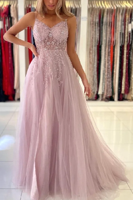 Shimmers Pink Spaghettistraps Sleeveless Column Tulle Floor-Length Prom Dresses with Beadings Shimmers Pink Spaghettistraps Sleeveless Column Tulle Floor-Length Prom Dresses with Beadings