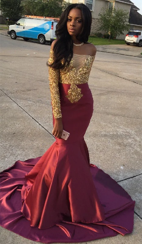 Gold Lace Appliques Off The Shoulder Evening Gowns Long Sleeve Mermaid Prom Dress CE0071 Gold Lace Appliques Off The Shoulder Evening Gowns Long Sleeve Mermaid Prom Dress CE0071