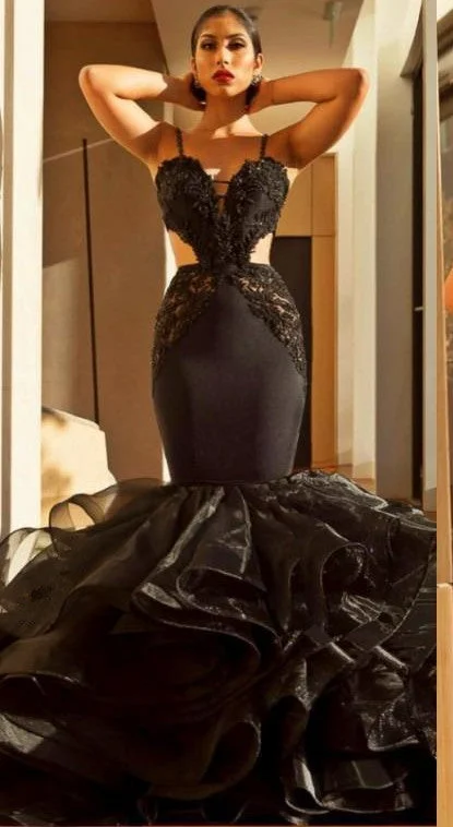 Spaghetti Straps Mermaid Black Prom Dresses | Ruffle Open Back Sexy Evening Dress