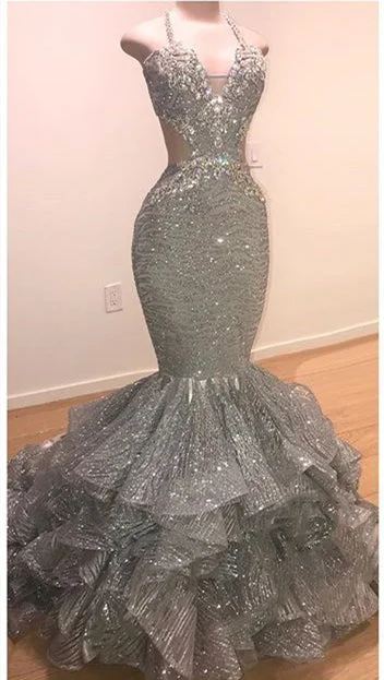 Spaghetti Straps Open Back Silver Grey Prom Dresses | Mermaid Tiered Ruffles Sexy Formal Dresses Spaghetti Straps Open Back Silver Grey Prom Dresses | Mermaid Tiered Ruffles Sexy Formal Dresses