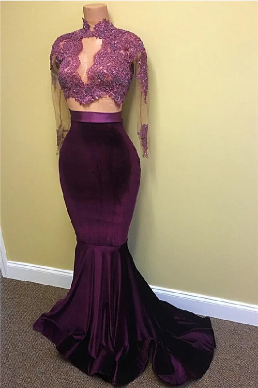 Sexy Velvet Evening Gown  High Neck Lace Long Sleeve Prom Dress with Keyhole BA4641