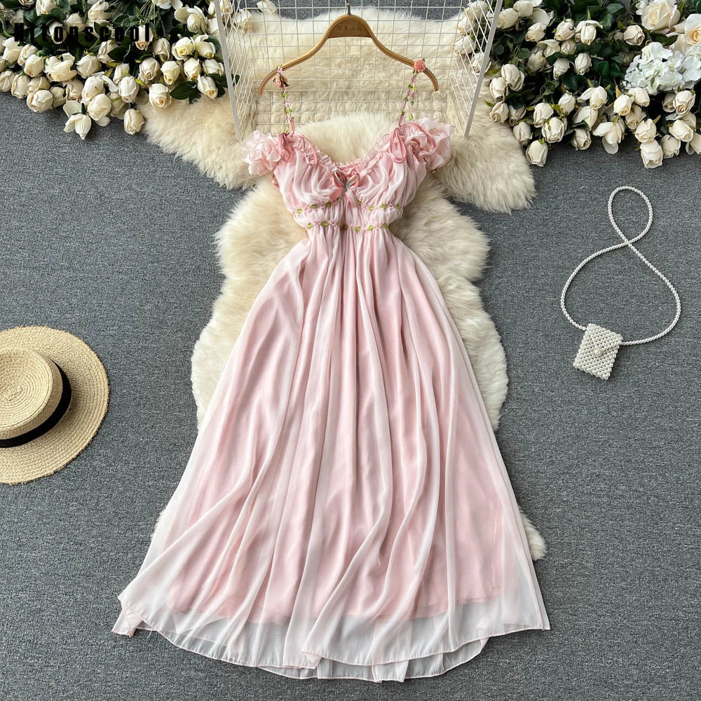 LIZAKOSHT -  Temperament Sweet V-Neck Pleated 100 Pleated Chiffon Dress Women's Summer Gentle and Fashionable Holiday Fairy Dress