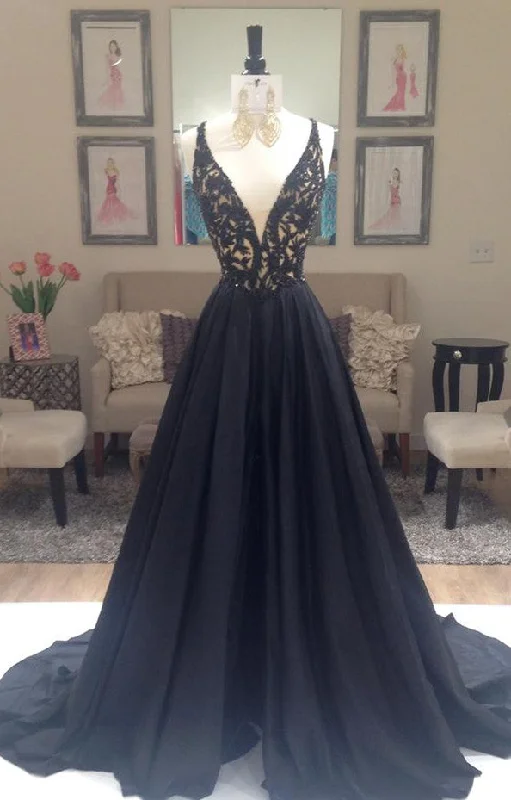 Applique Long Black V-Neck Sleeveless Gorgeous A-Line Evening Dresses  BA4336
