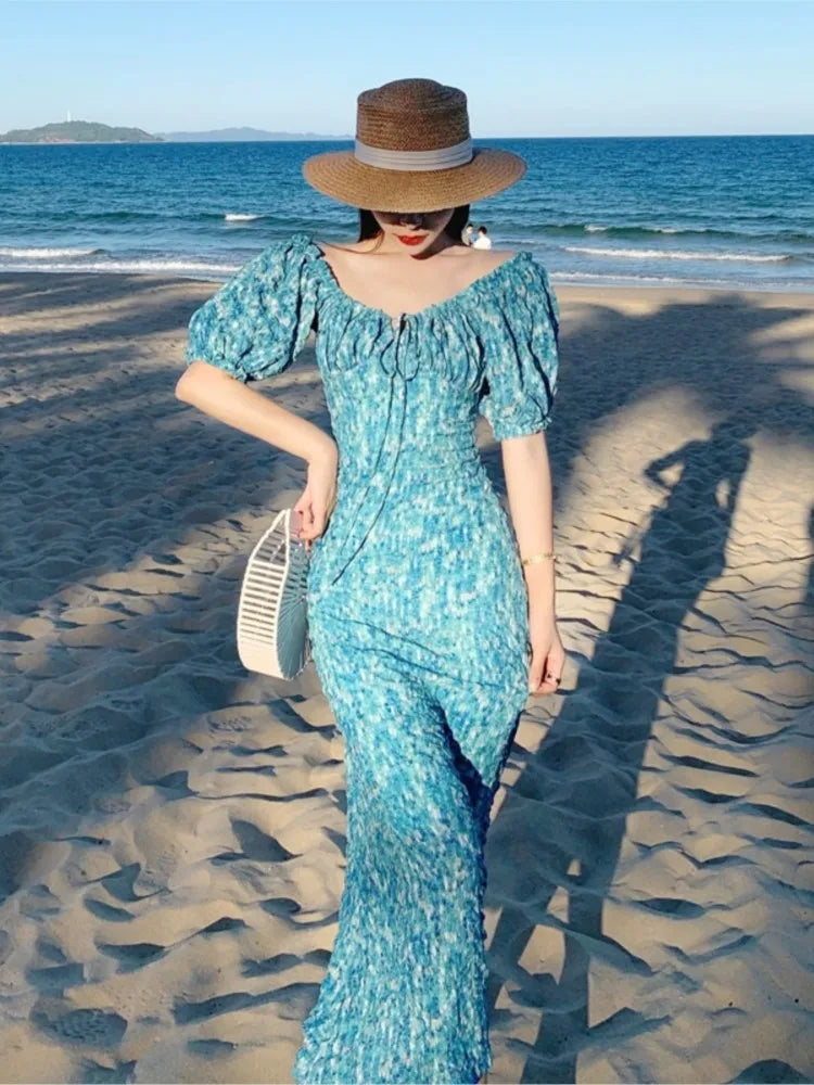 LIZAKOSHT - Elegant Holiday Puff Sleeve Long Dress Blue Print Off Dress For Women Sexy Korean High Waist Beach Vestido LIZAKOSHT - Elegant Holiday Puff Sleeve Long Dress Blue Print Off Dress For Women Sexy Korean High Waist Beach Vestido