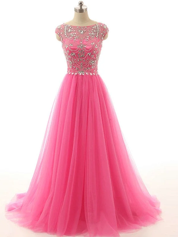 Elegant Crystal Tulle  Prom Dresses A-Line Beading Sweep Train Evening Gowns