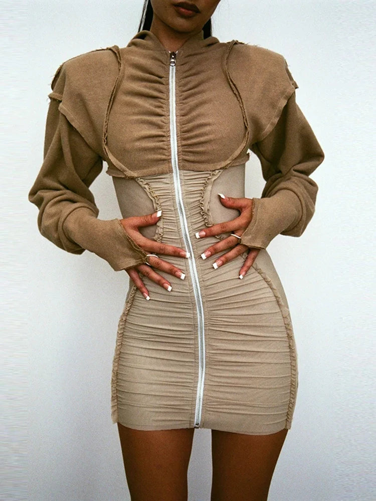 Bulk Orders Fall Women Rucked Casual Dress Hooded Long Sleeve Patchwork Mini Ladies Dress Solid Slim Dress Bulk Orders Fall Women Rucked Casual Dress Hooded Long Sleeve Patchwork Mini Ladies Dress Solid Slim Dress