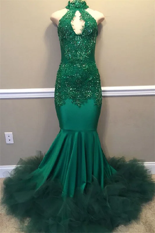 Elegant Beads Appliques Halter Prom Dresses | Mermaid Sleeveless Tulle Evening Dresses Elegant Beads Appliques Halter Prom Dresses | Mermaid Sleeveless Tulle Evening Dresses