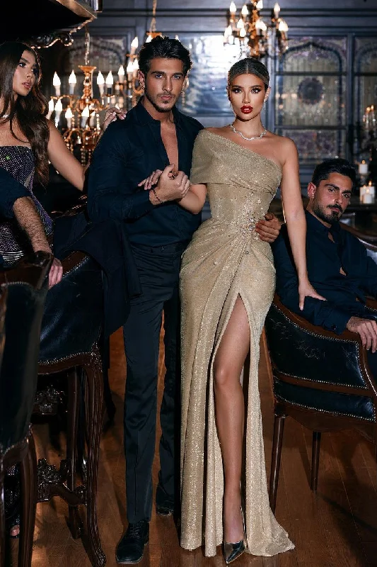 Elegant One Shoulder Beading Sleeveless Mermaid Prom Dress With Slit