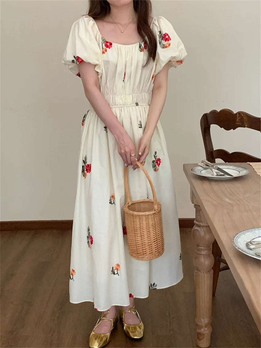 LIZAKOSHT - Beige Women Long Dress Florals Embroidery Fashion Summer Holiday Puff Sleeve Princess Sweet Chic Elegant Daily LIZAKOSHT - Beige Women Long Dress Florals Embroidery Fashion Summer Holiday Puff Sleeve Princess Sweet Chic Elegant Daily