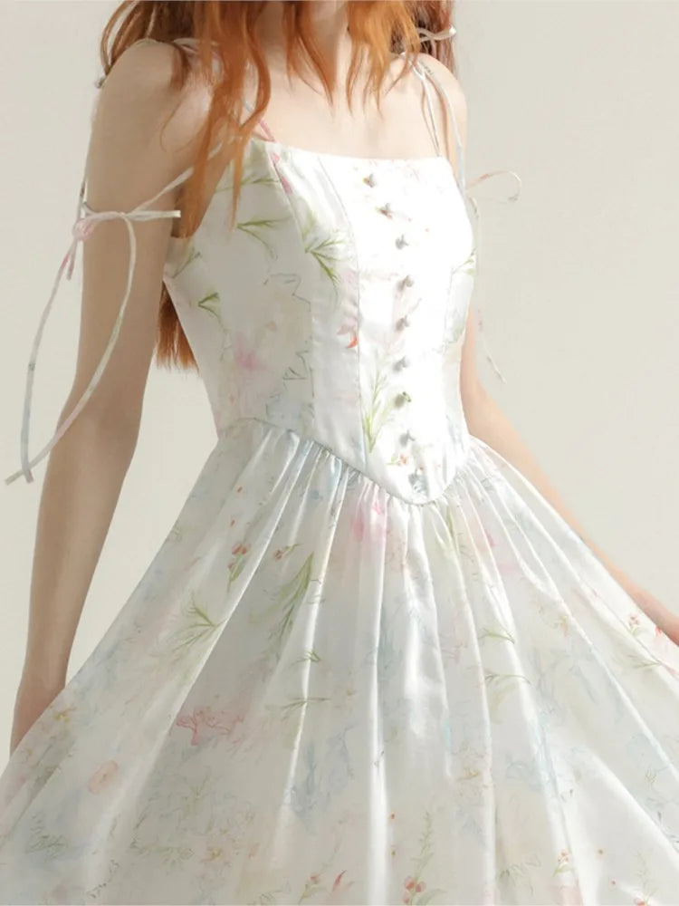 LIZAKOSHT - French Style Fairy Princess Floral Print Long Dress Temperament Gentle Tight Waist Slimming Puff Sleeve Sling Vacation Dress LIZAKOSHT - French Style Fairy Princess Floral Print Long Dress Temperament Gentle Tight Waist Slimming Puff Sleeve Sling Vacation Dress