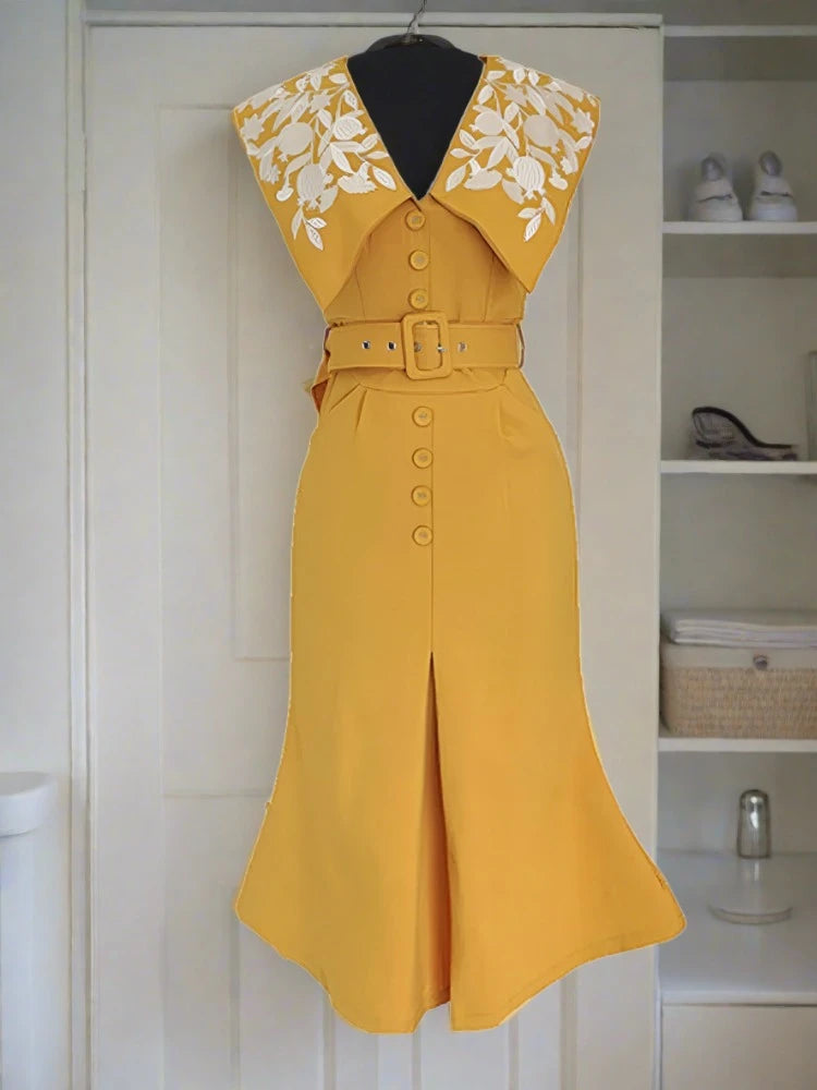 Summer Designer Large Lapel Embroidery Collar Belt Vintage Dresses For Women