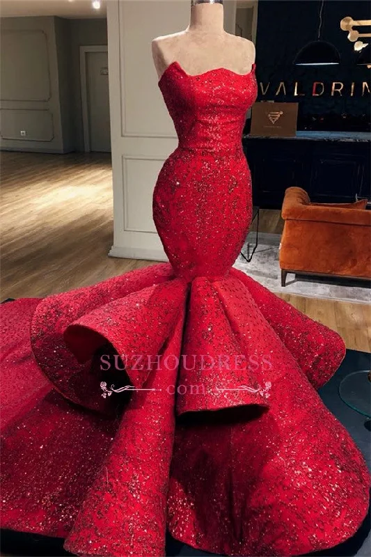 Luxurious Strapless Sleeveless Ruffles Prom Dresses |  Mermaid Sexy Beads Evening Gowns BC0888