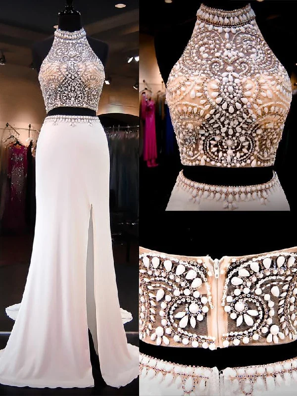 Halter Beading Chiffon Long Prom Dresses Crystal Two Piece Slit Party Gowns