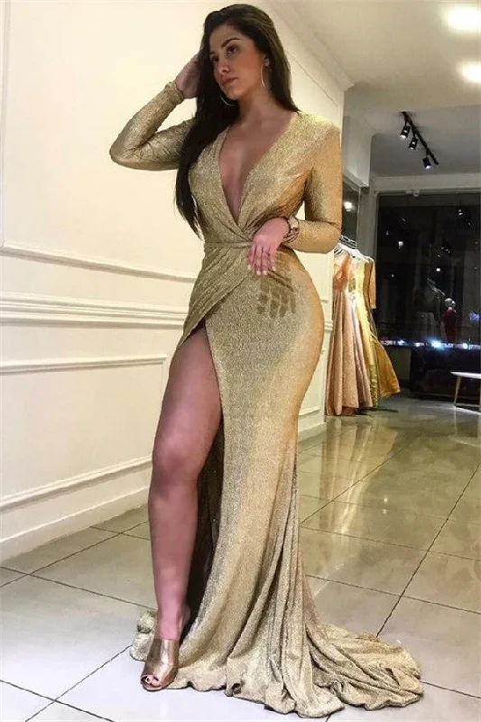 Sexy Deep V-Neck Front Split Mermaid Prom Dresses |  Long Sleeves Sweep Train Evening Gown