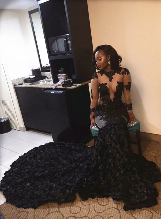 Long Sleeve Lace Appliques Evening Gowns Tulle Court Train Prom Dress with Flowers CE0066