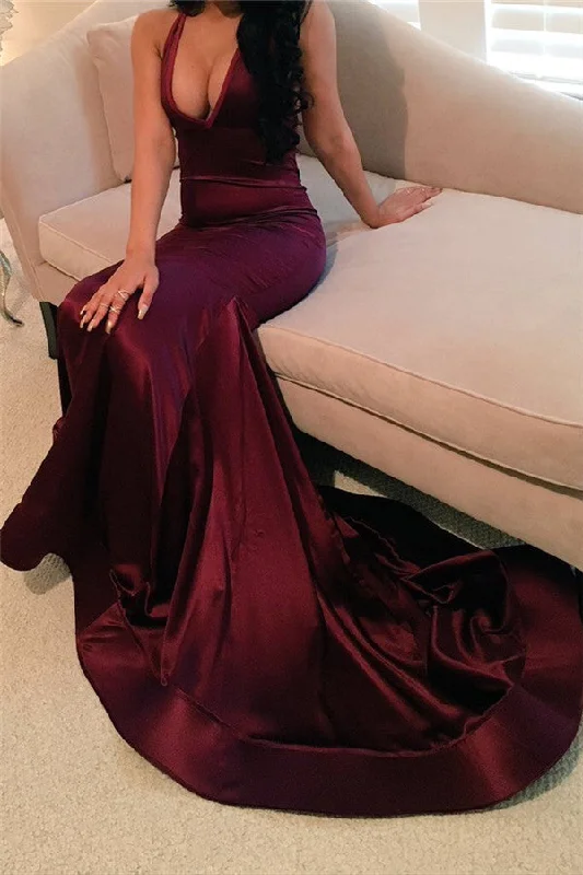Sheath Satin Evening Dresses  Sexy Deep V-neck Sleeveless Prom Gowns BA4623