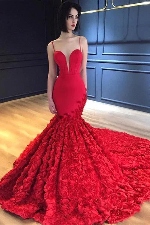 Luxury Red Flowers Mermaid Gorgeous Prom Dresses | Sexy Spaghetti Straps Backless Evening Dress Luxury Red Flowers Mermaid Gorgeous Prom Dresses | Sexy Spaghetti Straps Backless Evening Dress