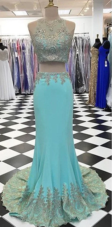 New Arrival Two Piece Mermaid  Prom Dress Crystal Sleeveless Long Evening Gowns