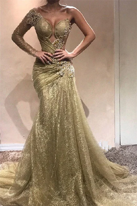 Champagne Gold One Sleeve Sexy Prom Dresses  | Appliques Ruffles Evening Gowns