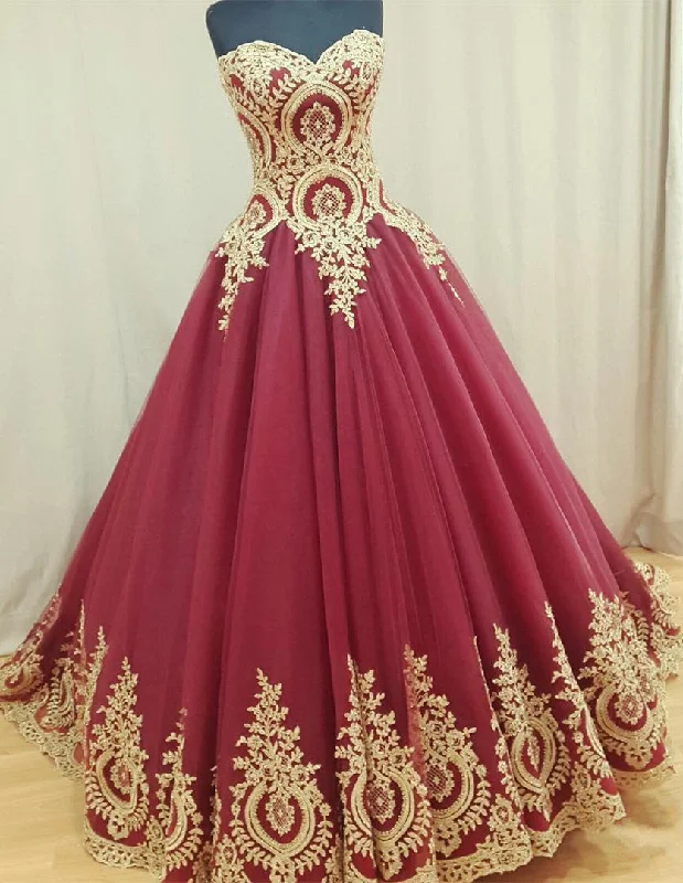 Sweetheart Burgundy Long Evening Dresses Gold Lace Appliques Formal Dresses  BA4661