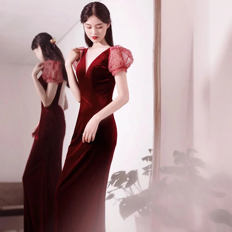 Burgundy, vintage, velvet cocktail dress, slim evening dress