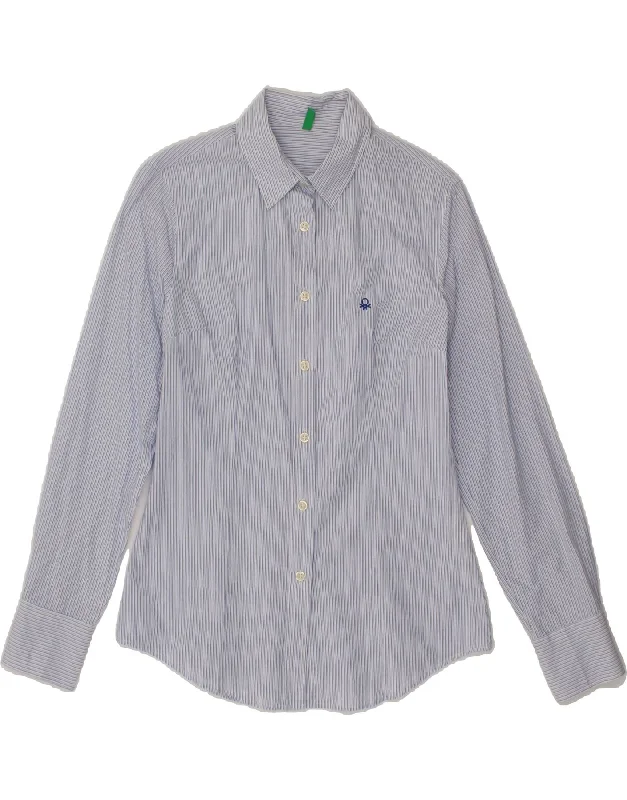 BENETTON Womens Shirt UK 12 Medium Blue Striped Cotton Trendy Button-Front Short Sleeve BENETTON Womens Shirt UK 12 Medium Blue Striped Cotton Trendy Button-Front Short Sleeve