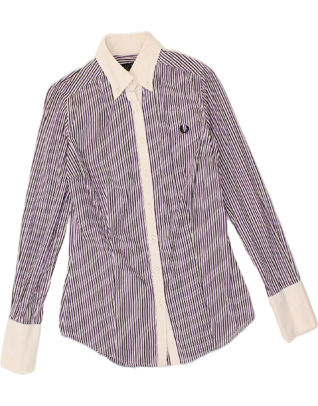 FRED PERRY Womens Shirt UK 10 Small Purple Striped Cotton Casual Slouchy Short Sleeve FRED PERRY Womens Shirt UK 10 Small Purple Striped Cotton Casual Slouchy Short Sleeve