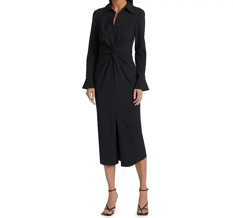 Mckenna Long Sleeves Collared Midi Dress In Black Elegant V-Neck Midi Dress