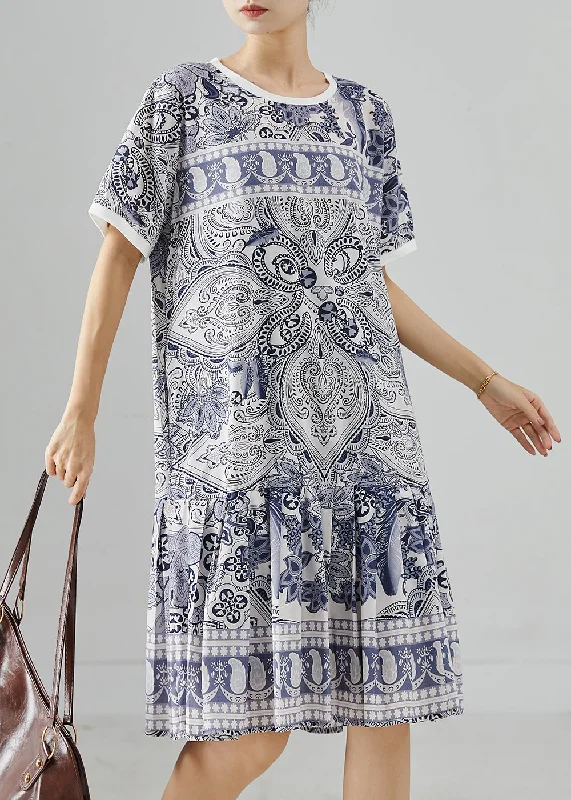 Modern Navy Oversized Print Silk Mini Dress Summer Elegant Mini Dress with Pleats