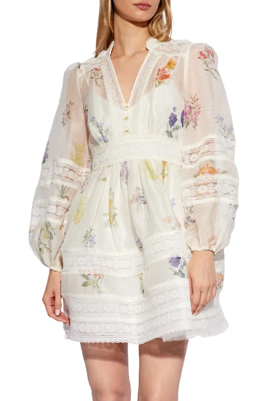 Natura V Neck Lace Mini Dress In White Botanical Cozy Jersey Mini Dress