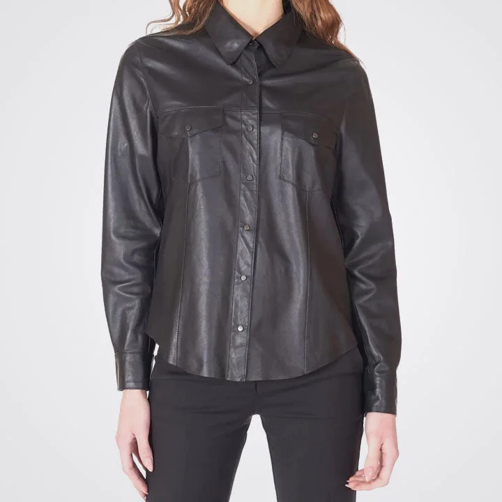 New Women Black Lambskin Leather Shirt Fashionable Pleated Short Shirt