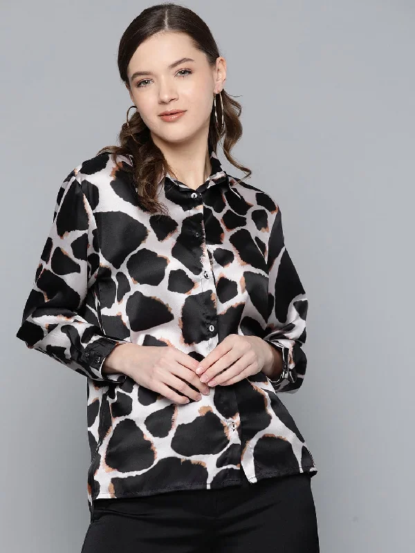 Nude Animal Print Satin Shirt Trendy Short Sleeve Blouse
