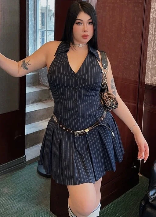Olivia Plus Size Striped Navy Blue Slim Sleeveless V-neck Halter Neck Waist Belt Pleated A-line Mini Dress Comfortable Wrap Mini Dress
