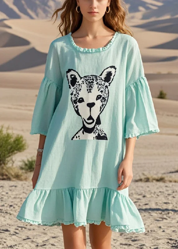 Organic Green Oversized Print Cotton Mini Dresses Summer Cozy A-Line Mini Dress
